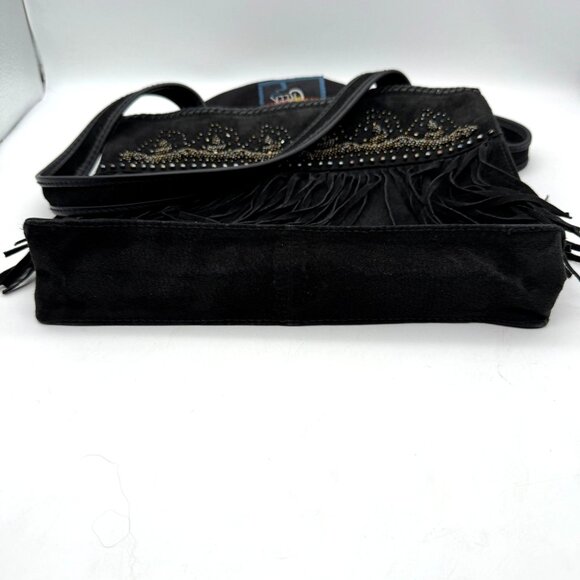 Cripple Creek Fringe Leather Shoulder Bag Black Beaded Studded Double Handles - Picture 10 of 15